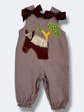 The Bailey Boys Longall Girls 9M Brown Gingham Horse Appliqué Ruffle Bows